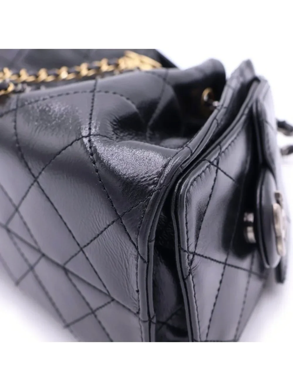 Chanel 25 Mini Chain Shoulder Bag Black Leather Silver Gold